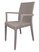 Carica l'immagine nel visualizzatore di Gallery, Sedia Dafne, in Resina, Simil Rattan, Poltrona con Braccioli, Colore Espresso, Esterno, Giardino, Alta qualità, Impilabile, ORDINE MINIMO 2 PEZZI
