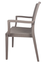 Carica l'immagine nel visualizzatore di Gallery, Sedia Dafne, in Resina, Simil Rattan, Poltrona con Braccioli, Colore Espresso, Esterno, Giardino, Alta qualità, Impilabile, ORDINE MINIMO 2 PEZZI