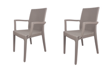 Carica l'immagine nel visualizzatore di Gallery, Sedia Dafne, in Resina, Simil Rattan, Poltrona con Braccioli, Colore Espresso, Esterno, Giardino, Alta qualità, Impilabile, ORDINE MINIMO 2 PEZZI