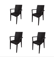 Carica l'immagine nel visualizzatore di Gallery, Sedia Dafne, in Resina, Simil Rattan, Poltrona con Braccioli, Colore Espresso, Esterno, Giardino, Alta qualità, Impilabile, ORDINE MINIMO 2 PEZZI