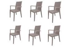 Carica l'immagine nel visualizzatore di Gallery, Sedia Dafne, in Resina, Simil Rattan, Poltrona con Braccioli, Colore Espresso, Esterno, Giardino, Alta qualità, Impilabile, ORDINE MINIMO 2 PEZZI