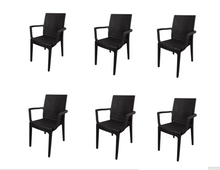 Carica l'immagine nel visualizzatore di Gallery, Sedia Dafne, in Resina, Simil Rattan, Poltrona con Braccioli, Colore Espresso, Esterno, Giardino, Alta qualità, Impilabile, ORDINE MINIMO 2 PEZZI