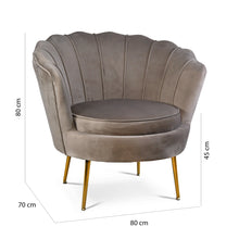 Carica l'immagine nel visualizzatore di Gallery, Sedam Poltrona Conchiglia in velluto tortora imbottita gambe oro design vintage comoda e confortevole